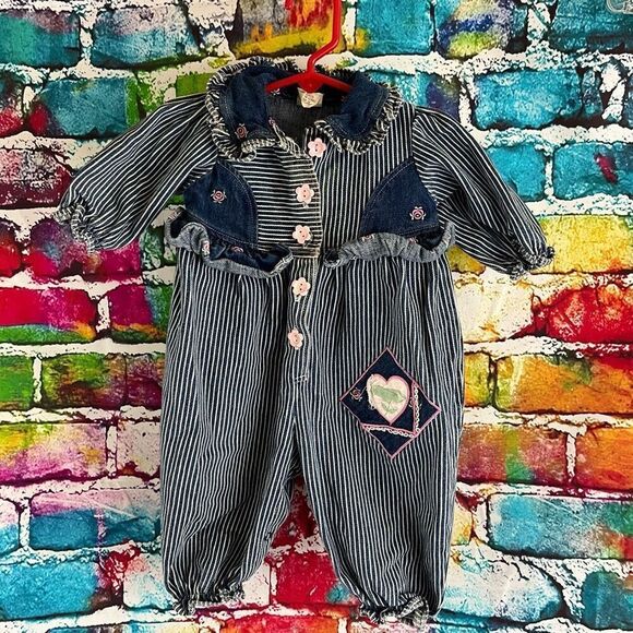 Vintage Denim Hickory Stripe Girls Romper Embroidered Roses Flower Buttons 6-9 M